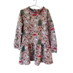 Mini Boden Print Christmas Holiday Bow Mini Dress Pink Girl's Size 7-8 Years Old